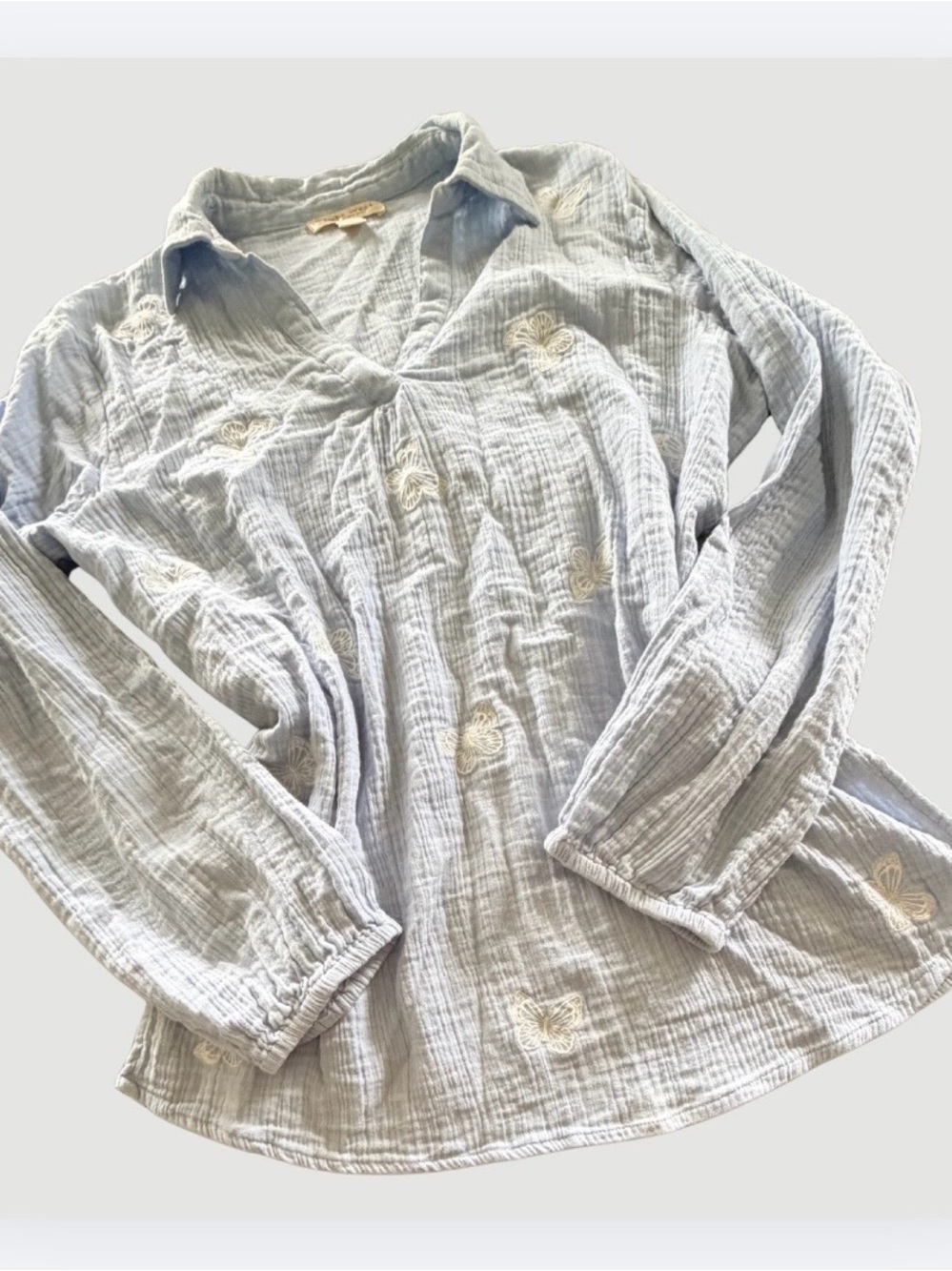 Studio West Light Blue Embroidered Cotton Muslin V-Neck Long Sleeve, Sz L